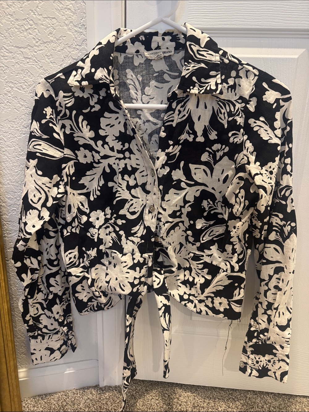Christian Siriano Black and White Floral Tie-Front Blouse